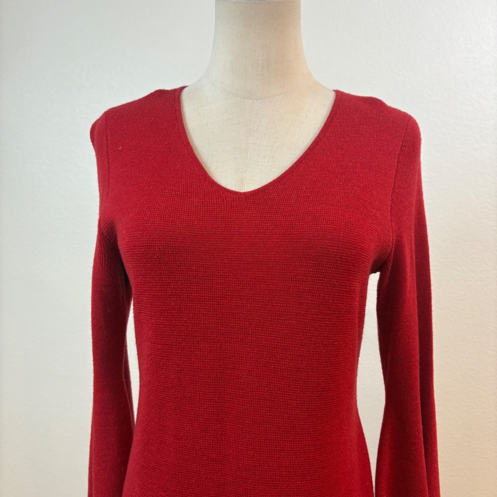 Talbots Sweater Dress Womens SP Red Merino Wool Flared 3/4 Sleeve V-Neck Luxury - Picture 3 of 8
